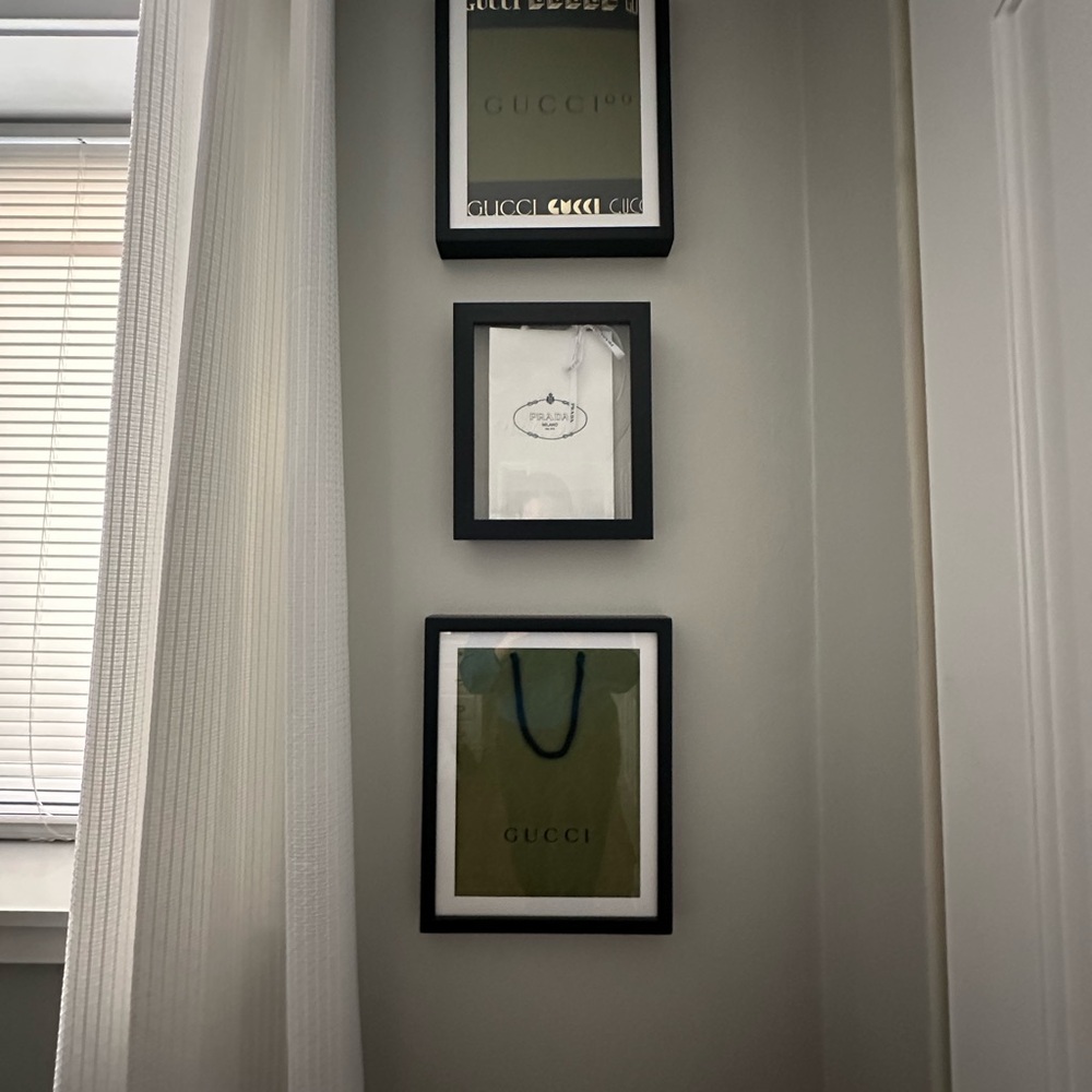 Prada and Gucci Framed Shopping Bag Art with Black Frame